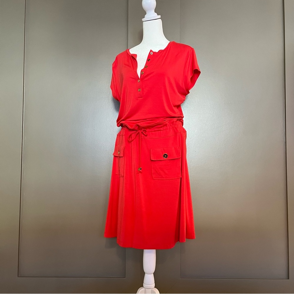 Coral Quarter Button Down T-Shirt Dress with Tie on the Waist